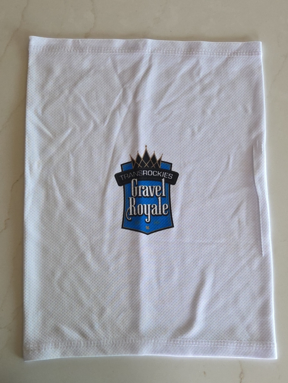 TransRockies White Neck Gaiter with Gravel Royale Logo
